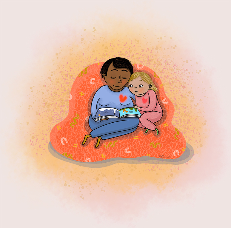 En dam läser en bok för en liten flicka
