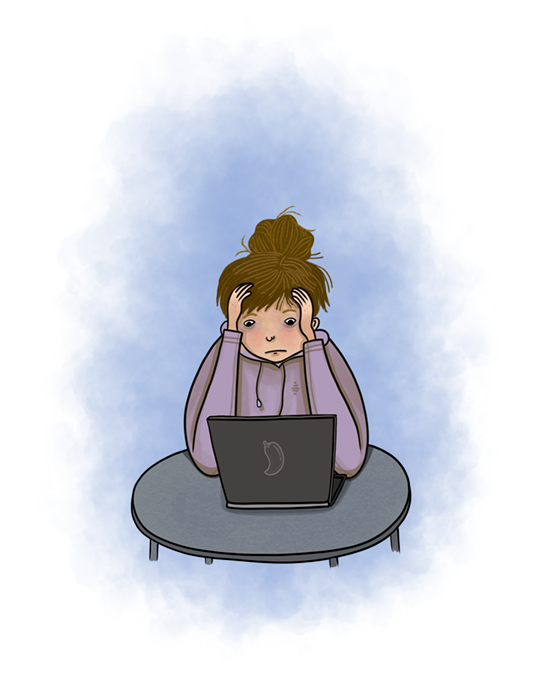 En tjej ser uppgiven ut när hon tittar på sin dator.